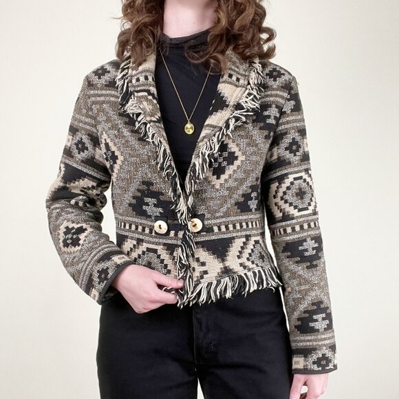 Vintage Cropped Fringe Coastal Cowgirl Oversized Blazer Jacket Coat Boho Western - Picture 2 of 8